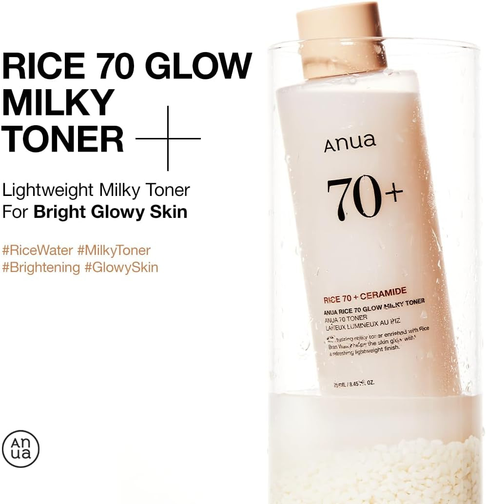 Rice 70 Glow Milky Toner, for Glass Skin, Rice Water, Niacinamide, Ceramides, Panthenol, Fragrance-Free, Non Comedogenic, Fungal Acne Safe, Korean Skin Care, 250Ml/8.45Fl.Oz.